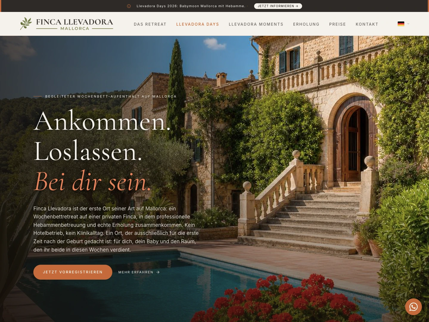 Website der Finca Llevadora auf Mallorca mit Retreat- und Buchungsangebot