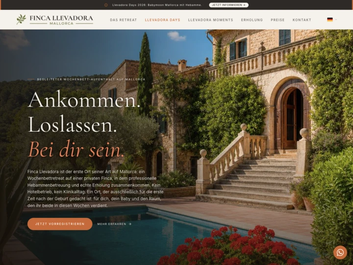 Website der Finca Llevadora auf Mallorca mit Retreat- und Buchungsangebot
